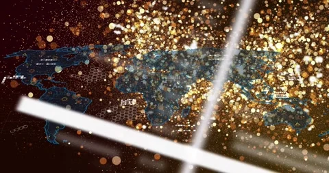 Stylized world map being revealed by white beam and golden particles, showing Stock Footage 333904295