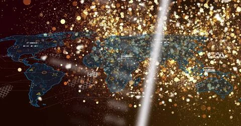 Stylized world map being revealed by white beam and golden particles, showing Illustrazione stock