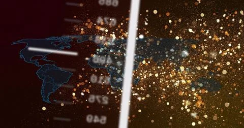 Stylized world map being revealed by white beam and golden particles, showing Illustrazione stock