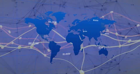 Stylized world map being visualized in flat design, showing glowing data lines Stock Footage 307453818