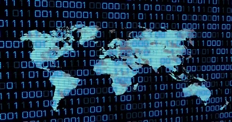 Stylized world map brightening as scan-line sweep triggers binary grid pulsing Stock Footage 329550650