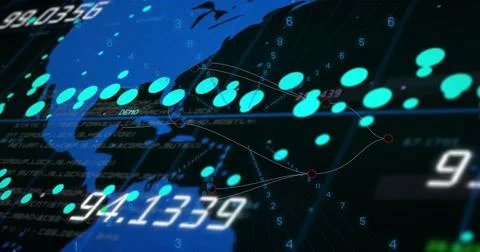 Stylized world map displaying data points and connecting lines in interface, Stock Photos
