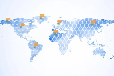 Stylized world map flat design is showing blue hex grid overlay with orange 库存插图