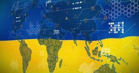 Stylized world map floating in Ukrainian flag background, with hex grids, Illustrazione stock
