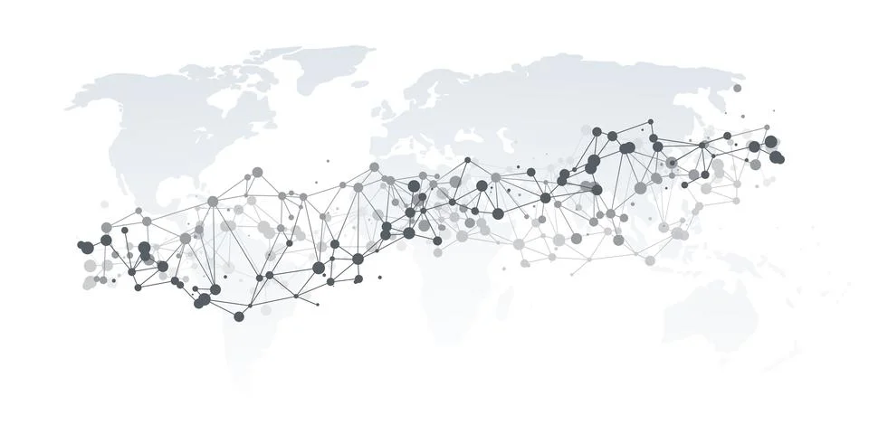 A stylized world map with a grid of polygonal network grid, nodes connected.. Illustrazione stock