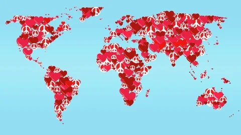 Stylized World Map with Hearts and Symbol Of Peace Animation Hippie Concept 動画素材 84785156