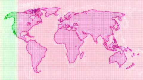 Stylized World Map with Pink and Green Grid Overlay Stock Illustration