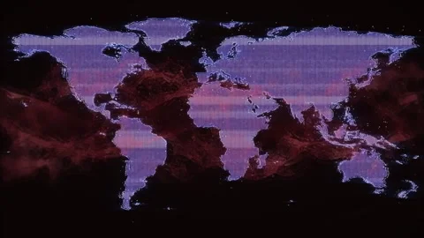 Stylized world map pulsing scanlines, triggered by rising red-purple nebula, Stock Footage 332280684