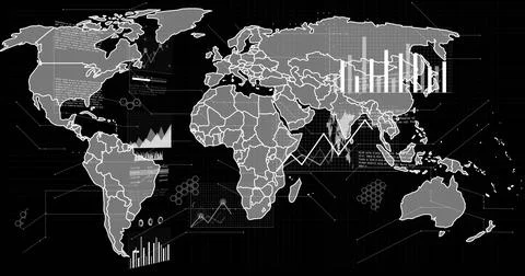 Stylized world map showing bar charts line graphs hex clusters nodes on dark 스톡 일러스트
