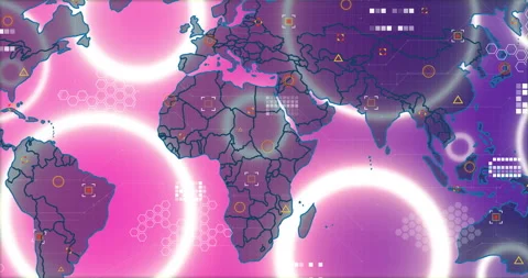 Stylized world map showing glowing rings, hex grid overlay, target markers, Stock Footage 309285995