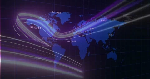 Stylized world map showing ribbons from left edge, highlighting numeric labels Stock Footage 331712753