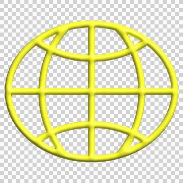 Stylized yellow 3D wireframe globe is floating on transparent background showing Stock Illustration