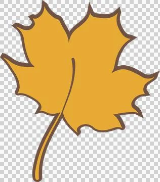 Stylized yellow maple leaf showing brown outline five lobes and curved stem on Illustrazione stock