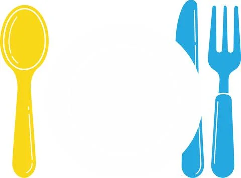Stylized yellow spoon, blue fork, and knife arranged around a blank white spa Illustrazione stock