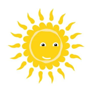 Stylized yellow summer sun funny character with happy face. Sun icon with d.. Illustrazione stock