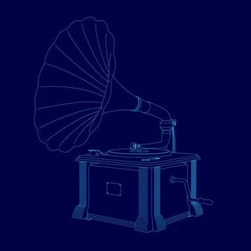 Stylus is placed on a record, and a record player is sitting on a table. The Stock Illustration