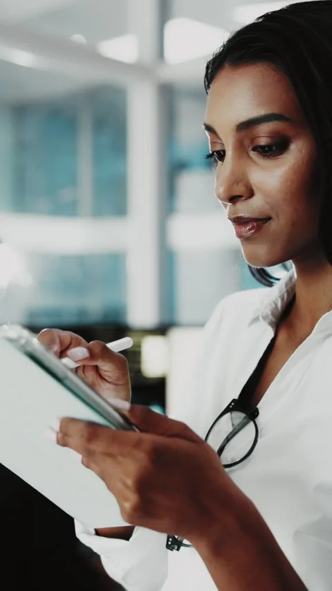 Stylus, programming and woman in office, tablet for software development and Stock Footage 333229532