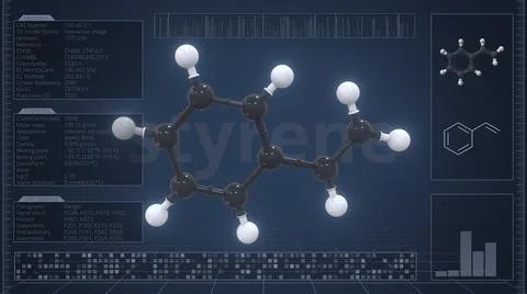 Styrene molecule with description on the computer screen, 3d rendering Illustrazione stock