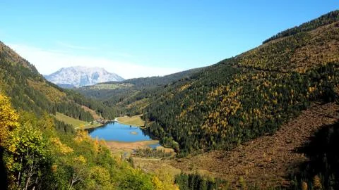 Styrian Bodensee in austrian alps, view in the valley autumn landscape, Austria Stock Photos