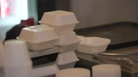Styrofoam boxes busy restaurant counter Stock Footage 266161110