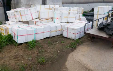 The styrofoam boxes for shipping are stacking near the platform. Stock Photos