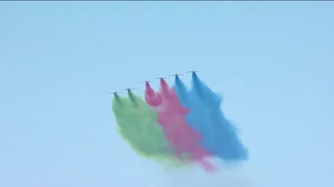 Su-24 fighter planes draws Azerbaijan flag in the sky Stock Footage 196001330