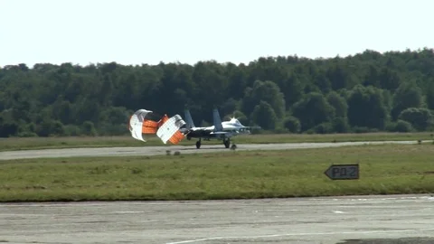 Su-27 multi-purpose aircraft is rolling on runway after landing. Stock Footage 111313214