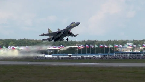 Su-35 Flanker-E fighter of generation 4 plus plus accelerates and takes off Stock Footage 120682292