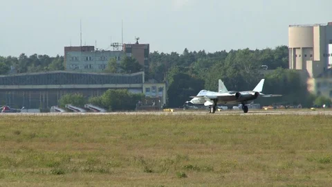 Su-57 multifunctional fifth-generation fighter on runway makes u-turn. Stock Footage 115395139