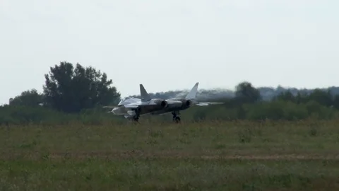 Su-57 Russian fifth-generation multi-functional fighter on runway for takeoff. Stock Footage 115242015