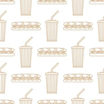Sub sandwich cola cold drink paper cup outline seamless pattern. Stock Illustration