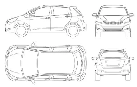 Subcompact hatchback car in outline. Compact Hybrid Vehicle. Eco-friendly hi Stock Illustration
