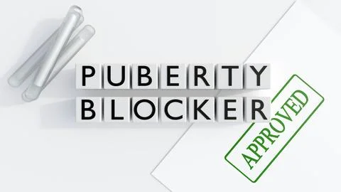 Subdermal hormone implants and "PUBERTY BLOCKERS" blocks with a approval stamp. Stock Illustration