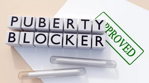 Subdermal hormone implants and "PUBERTY BLOCKERS" blocks with a approval stamp. Stock-Illustration
