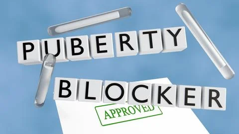 Subdermal hormone implants and "PUBERTY BLOCKERS" blocks with a approval stamp. Stock Illustration