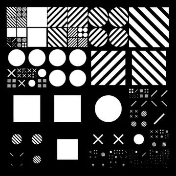 Subdivided grid system with symbols. Randomly sized objects with fixed space  Illustrazione stock