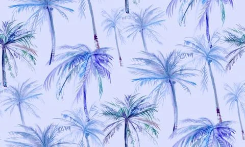 Subdued tropics on a lilac pattern with coconut trees painted in watercolor Stock-Illustration
