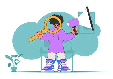 Subject Sphere of human resources. Guy with a megaphone. labor market. Stock Illustration