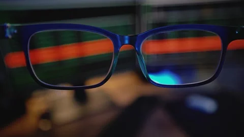 Subjective Camera. Eyeglass Pov. Programmer Looks At Monitors Through Glasses. Stock-Footage 302724582