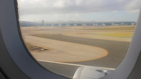 Subjective shot from the window of an airplane Taking Off. Airplane Take Off Video stock 112405818