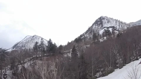 Subjective view: Inside a cable car going down a mountain covered in snow. Stock Footage 307765199