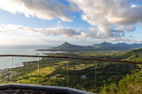 Sublime Point view of mountains and coastline in Mauritius at sunset Stock Photos