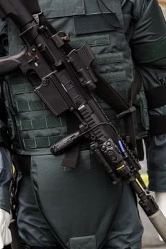 Submachine gun armed forces, war conflict Stock Photos