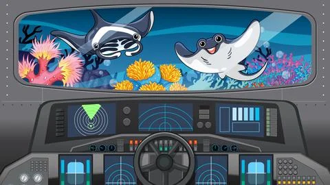 Submarine Cockpit View of Manta Rays and Coral Reef Underwater Stock Illustration