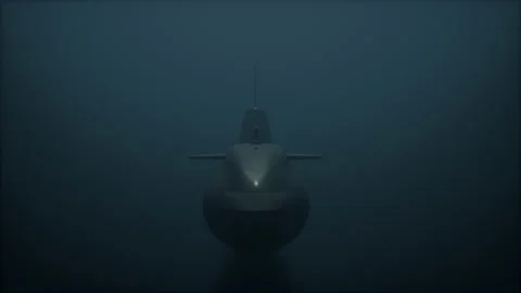 Submarine diving down underwater in deep murky water. Font view. 3D Animation. 库存影片 146706255