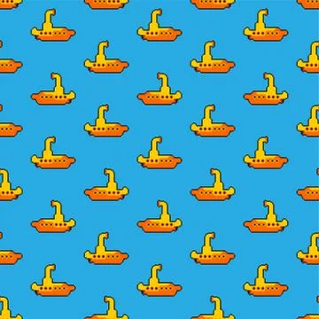 Submarine pixel art pattern seamless. Ship for underwater diving 8 bit backgr Stock Illustration