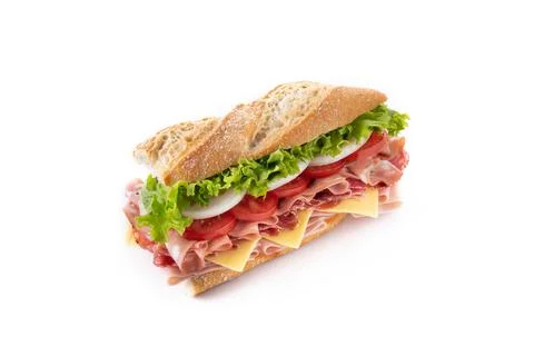 Submarine sandwich with ham, cheese, lettuce, tomatoes,onion, mortadella and  Stock Photos