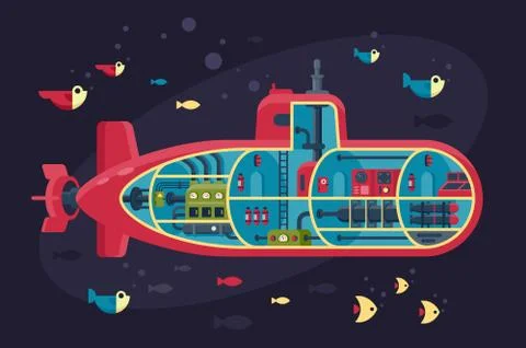 Submarine section, structure with fish, sea, ocean, internal content. Stock Illustration
