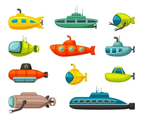 Submarines and bathyscaphes set. Red vehicle with robotic arms and military with Illustrazione stock