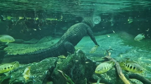 A submerged crocodile rests still on the bottom of a clear river, surrounded by  Stock Footage 316833588